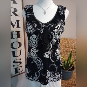 White House Black Market Floral Sleeveless Top with Ruffle V-Neck Size Small